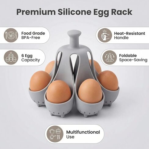 Silicone Egg Boiler Rack for Hard & Soft Boiled Eggs - Food Grade BPA-Free Egg Cooker with Handle, 6 Holders Foldable Egg Steamer Rack, Heat Resistant Kitchen Gadget for Boiling & Serving, Dishwasher Safe in Kuwait