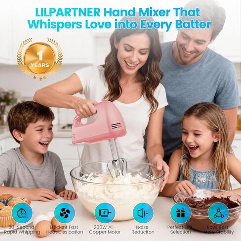 خلاط يدوي كهربائي من LILPARTNER، خلاط طعام صغير، 7 سرعات، خلاط يدوي، 304 *(2* مضرب، 2*خطاف عجين) خلاط مطبخ للكريم والبسكويت، آمن للاستخدام في غسالة الأطباق in Kuwait