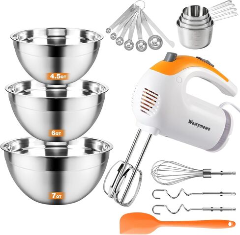 300W 5-Speed Electric Hand Mixer with 3 Thickened Nesting Mixing Bowls, Measuring Cups and Spoons, Complete Kitchen Cake Mixer with Paddle, Dough Hook and Whisk for Baking in Kuwait