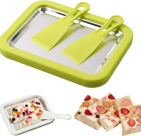 Rolled Ice Cream Maker Kit, DIY Ice Cream Roll Tray with 2 Scrapers, No Electricity Required, Stainless Steel Freezing Plate for Rolled Ice Cream, Frozen Yogurt, Sorbet (Green) in Saudi Arabia