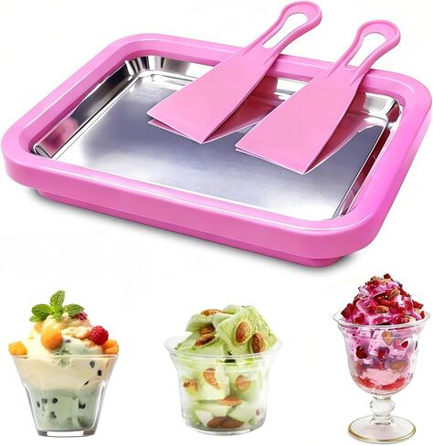 Rolled Ice Cream Maker with 2 Scrapers, Food Grade Stainless Steel Tray for Frozen Yogurt & Slushie, Homemade DIY for Parent-Child Family Activities, Ideal Birthday Gift (Pink) in Kuwait