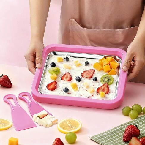 Rolled Ice Cream Maker with 2 Scrapers, Food Grade Stainless Steel Tray for Frozen Yogurt & Slushie, Homemade DIY for Parent-Child Family Activities, Ideal Birthday Gift (Pink) in Kuwait