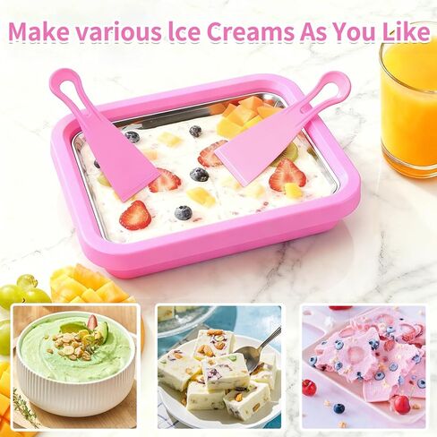 Rolled Ice Cream Maker with 2 Scrapers, Food Grade Stainless Steel Tray for Frozen Yogurt & Slushie, Homemade DIY for Parent-Child Family Activities, Ideal Birthday Gift (Pink) in Kuwait