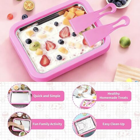 Rolled Ice Cream Maker with 2 Scrapers, Food Grade Stainless Steel Tray for Frozen Yogurt & Slushie, Homemade DIY for Parent-Child Family Activities, Ideal Birthday Gift (Pink) in Kuwait