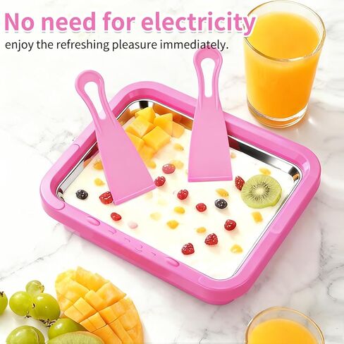Rolled Ice Cream Maker with 2 Scrapers, Food Grade Stainless Steel Tray for Frozen Yogurt & Slushie, Homemade DIY for Parent-Child Family Activities, Ideal Birthday Gift (Pink) in Kuwait