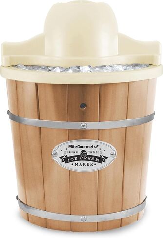 Elite Gourmet EIM924LX 4Qt Old Fashioned Vintage Appalachian Wood Bucket Electric Ice Cream Maker Machine with Leak-Proof Liner, Uses Ice and Rock Salt Churns Ice Cream in Minutes, Cream in Kuwait