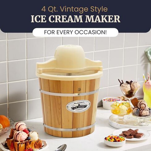 Elite Gourmet EIM924LX 4Qt Old Fashioned Vintage Appalachian Wood Bucket Electric Ice Cream Maker Machine with Leak-Proof Liner, Uses Ice and Rock Salt Churns Ice Cream in Minutes, Cream in Kuwait