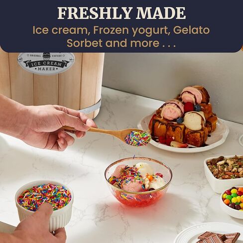 Elite Gourmet EIM924LX 4Qt Old Fashioned Vintage Appalachian Wood Bucket Electric Ice Cream Maker Machine with Leak-Proof Liner, Uses Ice and Rock Salt Churns Ice Cream in Minutes, Cream in Kuwait