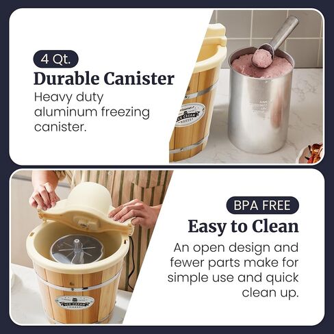 Elite Gourmet EIM924LX 4Qt Old Fashioned Vintage Appalachian Wood Bucket Electric Ice Cream Maker Machine with Leak-Proof Liner, Uses Ice and Rock Salt Churns Ice Cream in Minutes, Cream in Kuwait