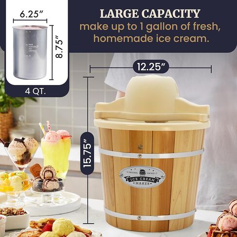 Elite Gourmet EIM924LX 4Qt Old Fashioned Vintage Appalachian Wood Bucket Electric Ice Cream Maker Machine with Leak-Proof Liner, Uses Ice and Rock Salt Churns Ice Cream in Minutes, Cream in Kuwait