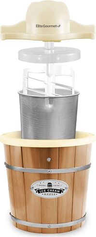 Elite Gourmet EIM924LX 4Qt Old Fashioned Vintage Appalachian Wood Bucket Electric Ice Cream Maker Machine with Leak-Proof Liner, Uses Ice and Rock Salt Churns Ice Cream in Minutes, Cream in Kuwait