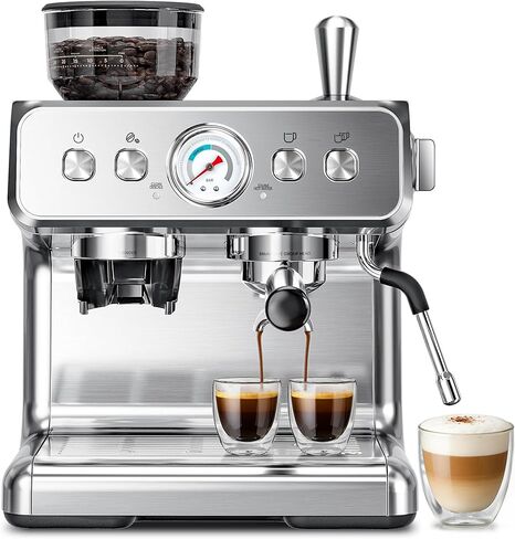 Kismile Espresso Machine with Grinder, 20 Bar Expresso Coffee Machines with Milk Frother, 58mm Expresso Machines for Home, Perfect for Cappuccino & Latte, Silver(2026 Upgrade) in Kuwait