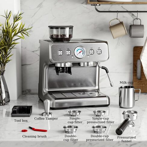 Kismile Espresso Machine with Grinder, 20 Bar Expresso Coffee Machines with Milk Frother, 58mm Expresso Machines for Home, Perfect for Cappuccino & Latte, Silver(2026 Upgrade) in Kuwait