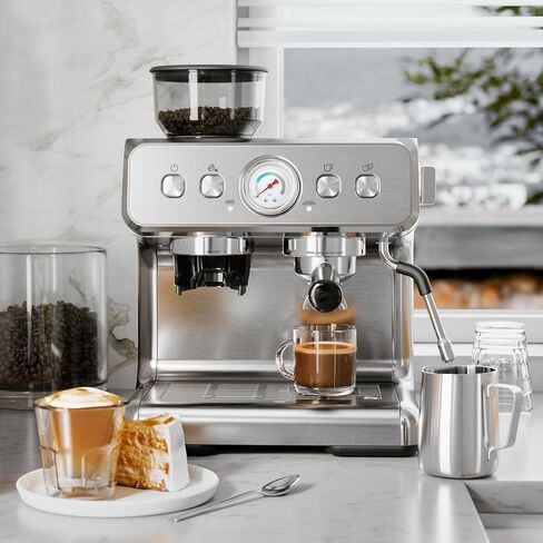 Kismile Espresso Machine with Grinder, 20 Bar Expresso Coffee Machines with Milk Frother, 58mm Expresso Machines for Home, Perfect for Cappuccino & Latte, Silver(2026 Upgrade) in Kuwait