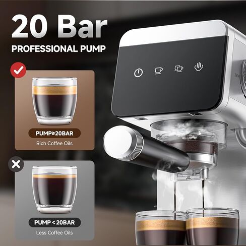 AMZCHEF Espresso Machine 20 Bar, Compact Coffee Maker with LED Touch Screen & Steam Milk Frother, Espresso Maker with 41oz Removable Water Tank for Home & Office, Coffee Machine for Cappuccino, Latte in Saudi Arabia