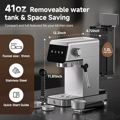 AMZCHEF Espresso Machine 20 Bar, Compact Coffee Maker with LED Touch Screen & Steam Milk Frother, Espresso Maker with 41oz Removable Water Tank for Home & Office, Coffee Machine for Cappuccino, Latte in Saudi Arabia