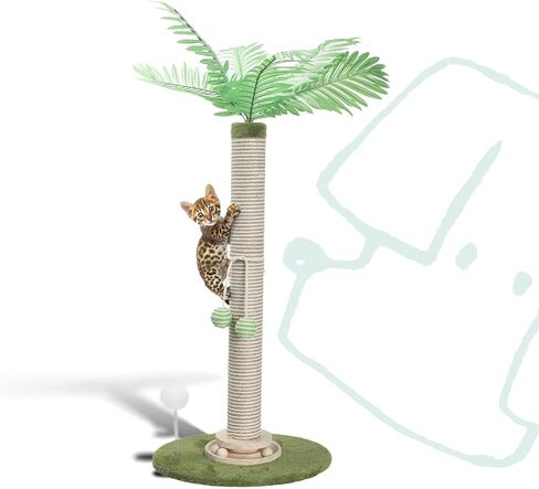 Cat Scratching Post 34 Inch with Rotating Turntable and Removable Hanging Ball, Cat Scratcher for Indoor Cats, Ultra Stable Base, Paw-FGreen Baseriendly Jute Material, Green Base in Kuwait