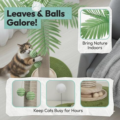 Cat Scratching Post 34 Inch with Rotating Turntable and Removable Hanging Ball, Cat Scratcher for Indoor Cats, Ultra Stable Base, Paw-FGreen Baseriendly Jute Material, Green Base in Kuwait