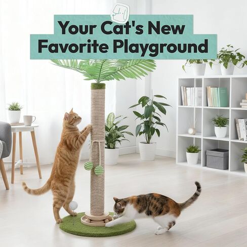 Cat Scratching Post 34 Inch with Rotating Turntable and Removable Hanging Ball, Cat Scratcher for Indoor Cats, Ultra Stable Base, Paw-FGreen Baseriendly Jute Material, Green Base in Kuwait