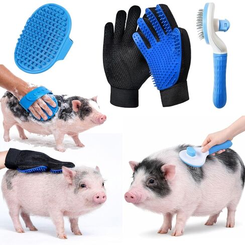 3Pcs Pig Enrichment & Grooming Brush Set for Mini Pigs, Soft Silicone Pig Brush for Shedding & Massage, Pig Grooming Glove + Self Cleaning Slicker Brush for Loose Hair, Bath & Daily Pig Care in Kuwait