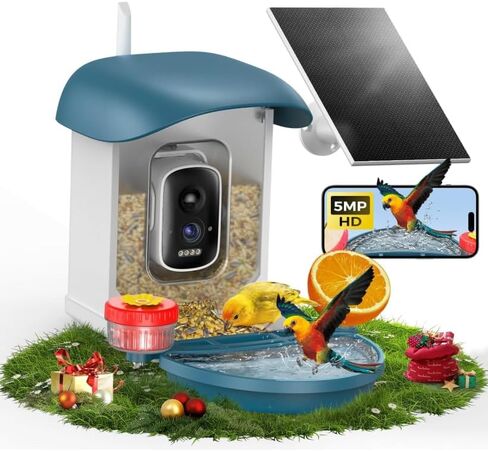 Bird Feeder with Camera 5MP Live Video, Solar Powered Smart AI Identify Birds Species, 2.4Ghz WiFi Camera Bird Feeder with Squirrel-Proof, Instant Arrival Alerts, Ideal Gifts for Bird Lovers in Kuwait