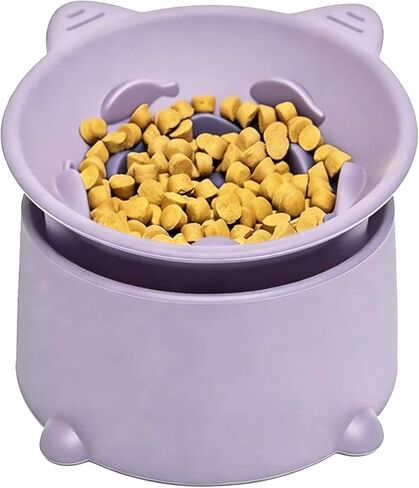 Raised Slow Feeder Cat Bowl, Silicone Elevated & Tilted Cat Food Bowl for Kitten to Adult Cats, Adjustable-Height Cat Slow Feeder Anti Vomiting for Dry & Wet Food, Microwave Dishwasher Safe - Lilac in Kuwait