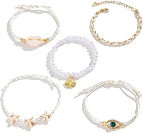 Boho Layered Gold Bracelets for Women Girls, Beaded Pearl Chain Bracelets Seashell Conch Flower Bangles Sets Crystal Cz Beach Bracelets Jewelry Gifts in Saudi Arabia