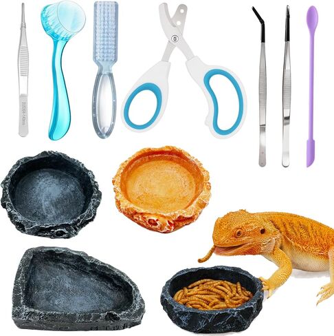 Bearded Dragon Tank Accessories Kit – 10pcs Reptile Water Food Bowl, Feeding Tongs with Rubber Tip, Grooming & Cleaning Set for Lizards, Geckos & Small Reptiles in Kuwait