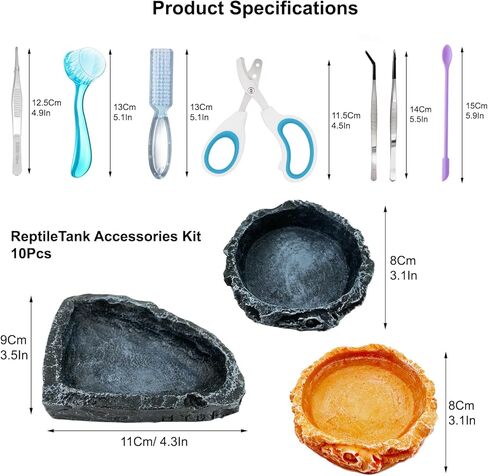 Bearded Dragon Tank Accessories Kit – 10pcs Reptile Water Food Bowl, Feeding Tongs with Rubber Tip, Grooming & Cleaning Set for Lizards, Geckos & Small Reptiles in Kuwait