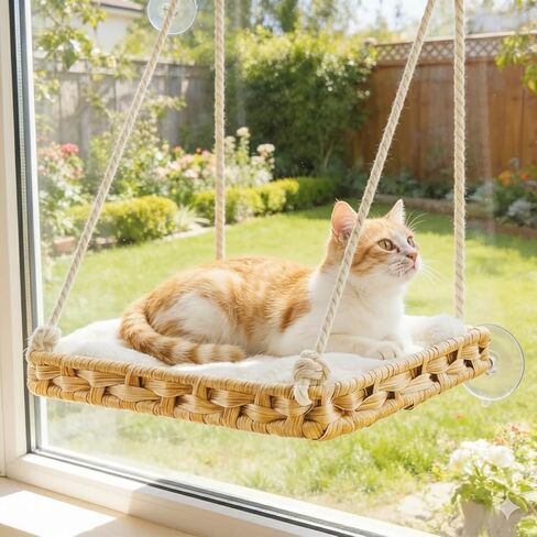 Cat Window Perch with 4 Strong Suction Cups,PE Rattan Basket Hammock with Soft Washable Plush Cushion,Cozy Hammock Perches for Large Indoor Cats Kittens Sunbathing Bird Watching in Saudi Arabia