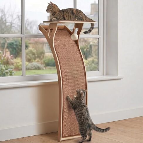 JKXJKX 47" Floor Standing Cat Window Perch with Curved Scratching Ramp, 80 Lbs Heavy Duty Window Bed Seat with Suction Cups, Furniture for Large Cats Indoor Bird Watching in Kuwait