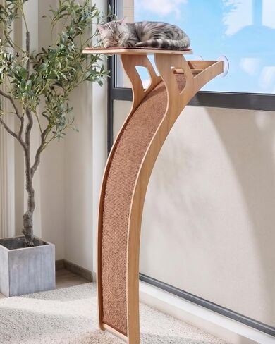 JKXJKX 47" Floor Standing Cat Window Perch with Curved Scratching Ramp, 80 Lbs Heavy Duty Window Bed Seat with Suction Cups, Furniture for Large Cats Indoor Bird Watching in Kuwait