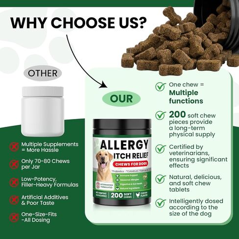 Dog Allergy Relief Chews, Supplement with Probiotics Vitamins, Itchy Skin Relief to Support Seasonal Allergy and Healthy Immune System, Skin and Coat Allergies,Itching & Paw Licking, 200 Soft Treats in Saudi Arabia