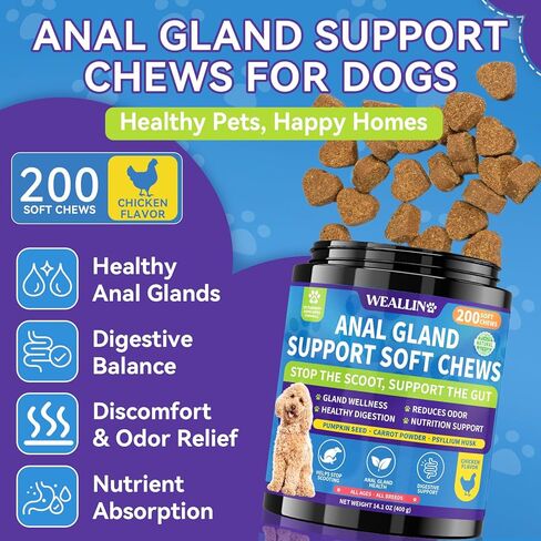 Anal Gland Soft Chews for Dogs - No Scoot for Dogs with Pumpkin, Inulin & Probiotics for Dogs Digestive, Supports Anal Gland Healthy & Bowel Function Fiber Supplement for Dog Chicken Flavor 200 Chews in Kuwait