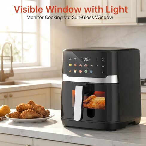 مقلاة هوائية VUSIGN 6.8QT، مقلاة هوائية 10 في 1 مع نافذة مرئية، تسخين سريع 400 درجة فهرنهايت وسخان سفلي قابل للتعديل للحصول على نتائج أكثر هشاشة، سلة غير لاصقة وآمنة للاستخدام في غسالة الأطباق، 1700 وات، أسود in Kuwait