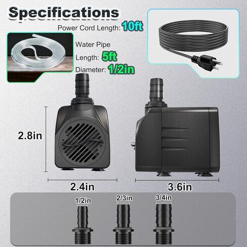 مضخة مياه SongLong 25W 400GPH 10ft كابل فائق الصمت مع أنابيب، حماية من الحرارة الزائدة | مثالية للنوافير الصغيرة وبرك الأسماك والزراعة المائية in Kuwait