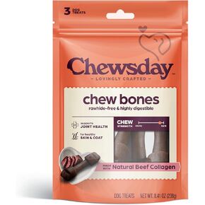 عظام مضغ خالية من الجلود الخام من Chewsday Dog، مصنوعة من كولاجين البقر الحقيقي، تدعم الورك والمفاصل والجلد والمعطف، سهلة الهضم للغاية، 3 قطع in Kuwait