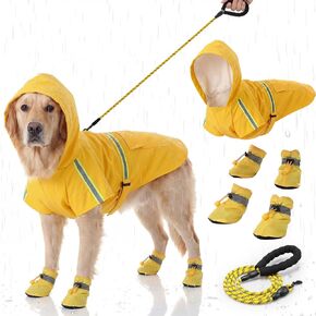 3 Pcs Dog Raincoat Shoes and Leash Set with Reflective Strip Yellow Adjustable Waterproof Rain Jacket Coat Poncho Hoodies for Small Medium Dogs Pets Walking in Kuwait