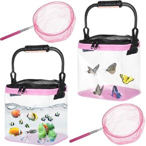 2 Sets Catch Plastic Beach Aquarium Kit, Release Aquarium Box for Beach with Retractable Net Bag and Transparent Portable Handheld（Pink） in Kuwait