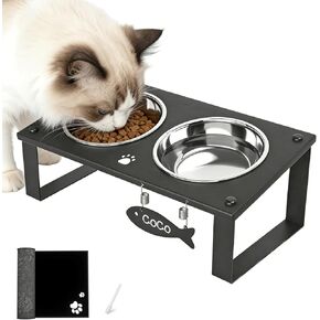 Elevated Cat Bowls with Splash Proof Mat for Kitten Puppy, 10° Tilted Raised Cat Bowl Stand Anti-Vomiting, 2 Wide Shallow Stainless Steel Bowls, Whisker Friendly, 3.5" Tall in Saudi Arabia