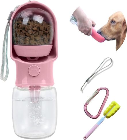 Dog Water Bottle with Food Container, Leak Proof Portable Pet Dispenser with Lock and Cleaning Brush,Dogs Stuff Water Bottle for Walking Hiking,Travel (Pink) in Kuwait