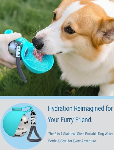 Portable Dog Water Bottle for Small Dogs: 285ml 2-in-1 Insulated Compact Leak-Proof Stainless Steel Round Water Dispenser with Collapsible Bowl for Daily Walks, Short Hikes & Travel in Saudi Arabia
