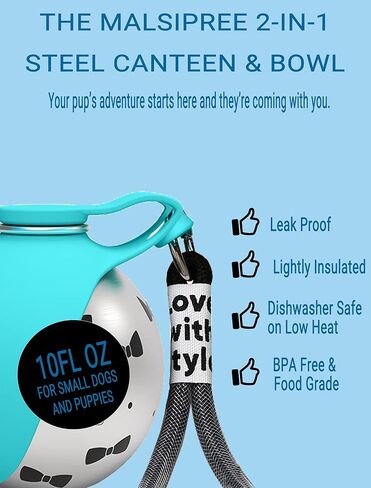 Portable Dog Water Bottle for Small Dogs: 285ml 2-in-1 Insulated Compact Leak-Proof Stainless Steel Round Water Dispenser with Collapsible Bowl for Daily Walks, Short Hikes & Travel in Saudi Arabia