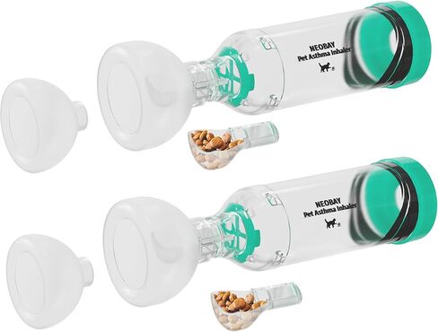 جهاز استنشاق القطط من نيوباي مع مساعد تدريب فريد من نوعه على مهدئ الذعر ومؤشر التنفس الحساس للتدفق - غرفة رذاذ القطط للقطط التي تعاني من حالة تنفسية - تتضمن قناعين (صغير/متوسط) أزرق in Kuwait