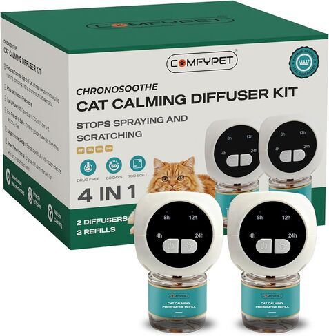 60-Day Cat Calming Diffuser Kit – 2-Pack | 2 Pheromone Diffuser + 2 Refills (48ml Each) | Reduces Anxiety, Spraying, Scratching & Meowing | Timer Modes to Extend Refill Life in Kuwait