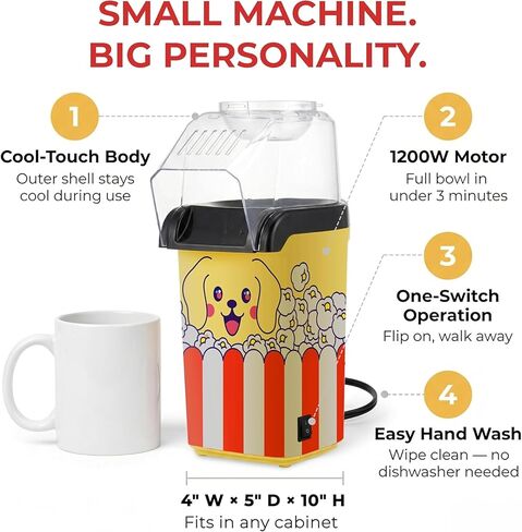 Fun Popcorn Machine Air Popper – Hot Popcorn Maker Air Popper Electric with Butter Melting Tray – Mini Electric Maker - Dog Mom Gifts for Women, Home, Kids Movie Night - Oil Free Snacks in Kuwait