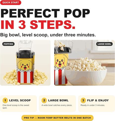 Fun Popcorn Machine Air Popper – Hot Popcorn Maker Air Popper Electric with Butter Melting Tray – Mini Electric Maker - Dog Mom Gifts for Women, Home, Kids Movie Night - Oil Free Snacks in Kuwait