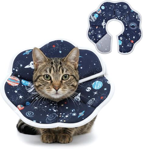 Soft Cat Cone Collar for Cats - Adjustable Recovery Cone After Surgery, Comfortable Elizabethan Collar to Stop Licking for Kittens & Puppies, Polyester, Blue with Space Print (M,10.63 in) in Kuwait