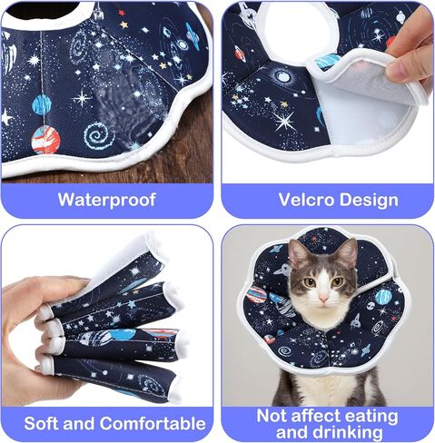 Soft Cat Cone Collar for Cats - Adjustable Recovery Cone After Surgery, Comfortable Elizabethan Collar to Stop Licking for Kittens & Puppies, Polyester, Blue with Space Print (M,10.63 in) in Kuwait