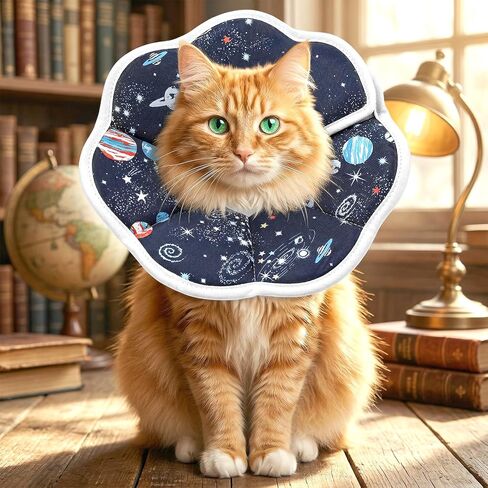 Soft Cat Cone Collar for Cats - Adjustable Recovery Cone After Surgery, Comfortable Elizabethan Collar to Stop Licking for Kittens & Puppies, Polyester, Blue with Space Print (M,10.63 in) in Kuwait